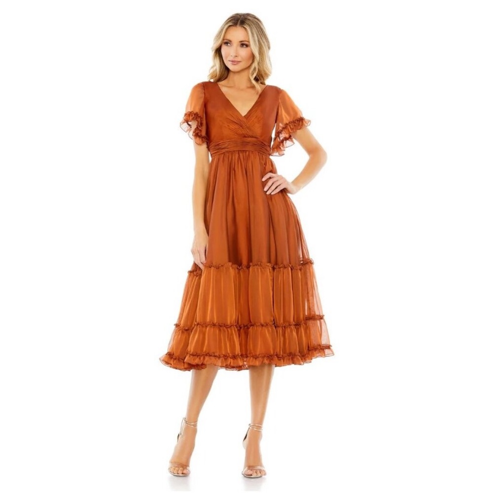 NWT Mac Duggal Tea Length Ruffled Dress w/ Sheer Flutter Sleeves Rust 2 #8318